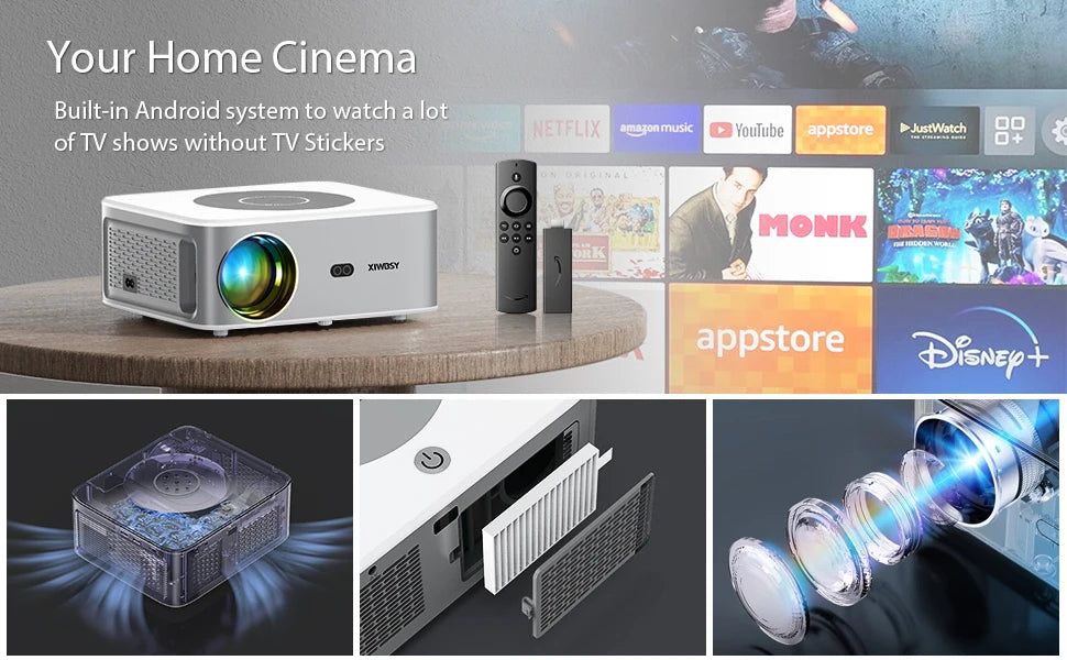 XIWBSY 1000ANSI Portable Projector 25000Lumens Auto Focus/Keystone Android Projector 4k Video Home Theater Cinema Proyector