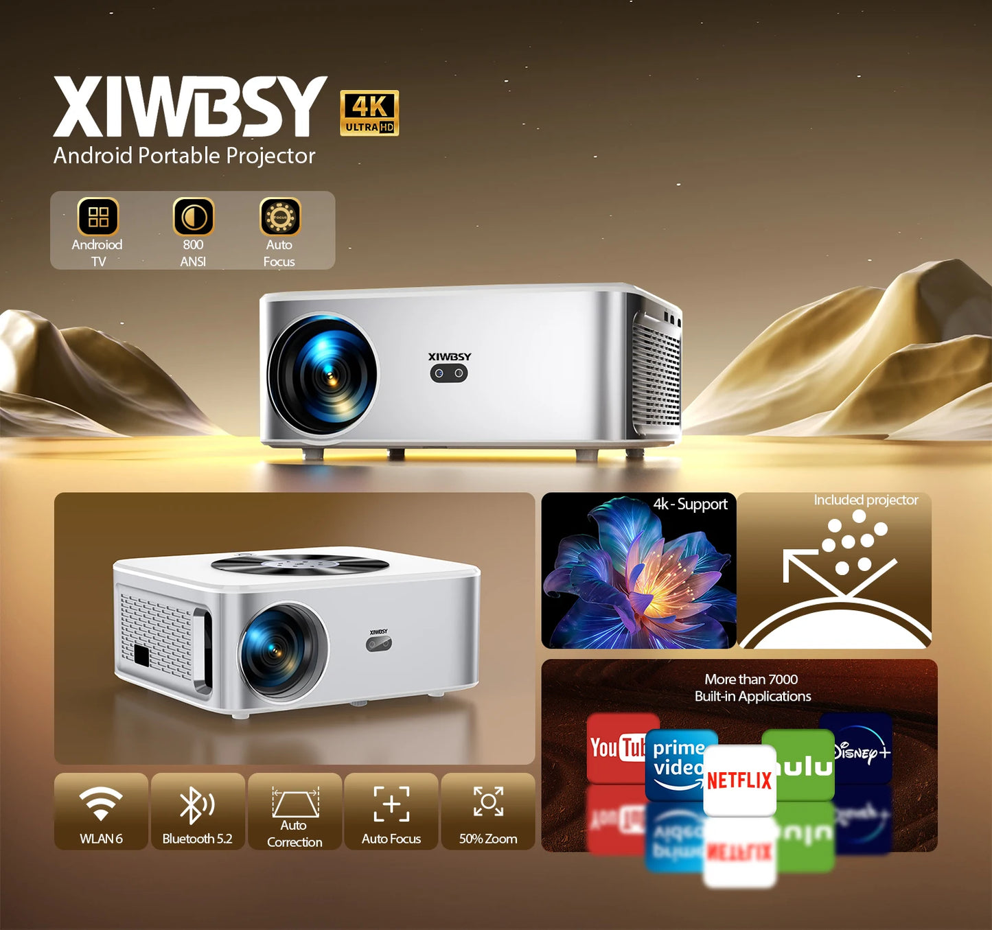 XIWBSY 1000ANSI Portable Projector 25000Lumens Auto Focus/Keystone Android Projector 4k Video Home Theater Cinema Proyector